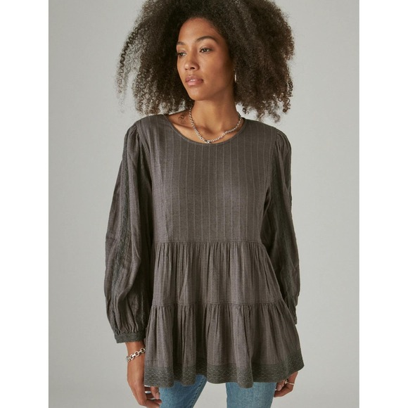 Lucky Brand Tops - Lucky Brand Gray Tiered Babydoll Blouse Top Long Sleeve Bohemian Boho Women M